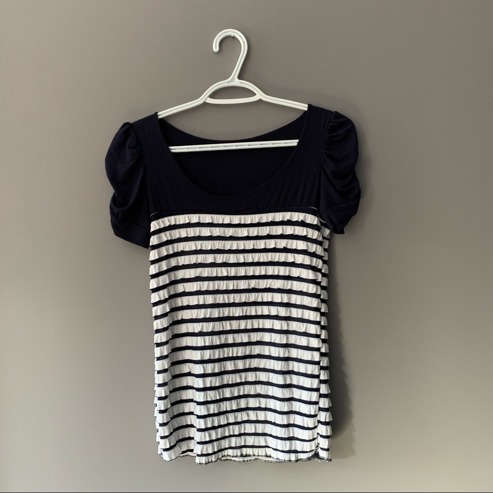 Mim Small Blue and White Ruffled Short Sleeve Tee